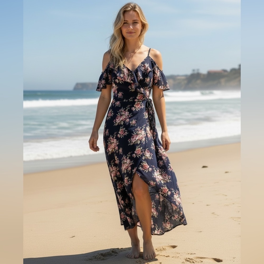 IZ BYER ROMPER HIGH-LOW BLUE FLORAL RUFFLE SUMMER MAXI DRESS WRAP AROUND SZ 11